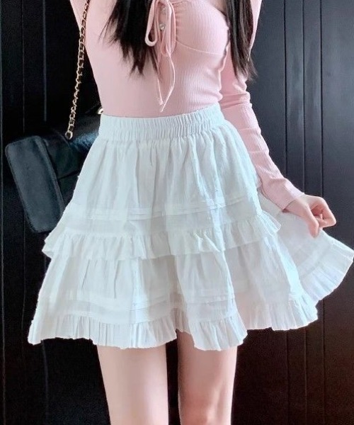 ｔｏｌｅｎｅ（トレネ）の「ハイウエスト フリル ティアード コットンライク ミニスカート（スカート・レディース・ホワイト/ブラック・FREE）」の2枚目の写真