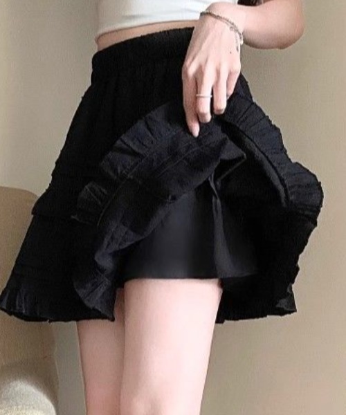 ｔｏｌｅｎｅ（トレネ）の「ハイウエスト フリル ティアード コットンライク ミニスカート（スカート・レディース・ホワイト/ブラック・FREE）」の10枚目の写真