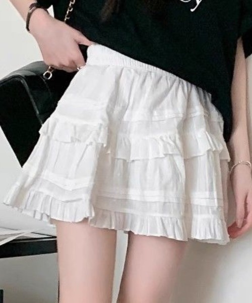 ｔｏｌｅｎｅ（トレネ）の「ハイウエスト フリル ティアード コットンライク ミニスカート（スカート・レディース・ホワイト/ブラック・FREE）」の4枚目の写真