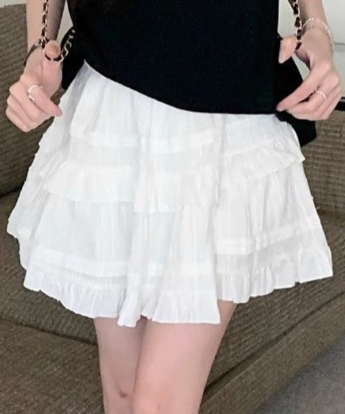 ｔｏｌｅｎｅ（トレネ）の「ハイウエスト フリル ティアード コットンライク ミニスカート（スカート・レディース・ホワイト/ブラック・FREE）」の5枚目の写真