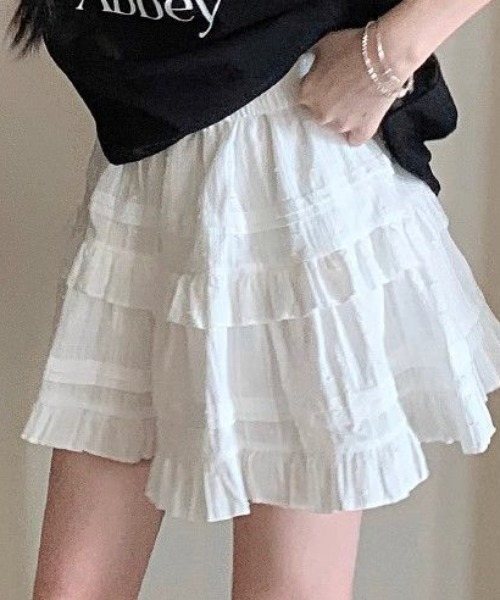 ｔｏｌｅｎｅ（トレネ）の「ハイウエスト フリル ティアード コットンライク ミニスカート（スカート・レディース・ホワイト/ブラック・FREE）」の6枚目の写真