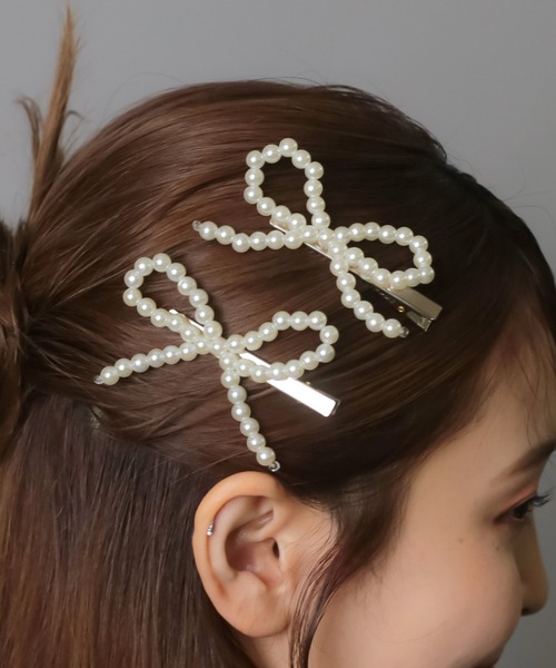 コンプレックス*2個セット　ビーズ　バレッタ/ヘアクリップ/ヘアピン 2個セット】リボンビーズヘアクリップ（バレッタ/ヘアクリップ