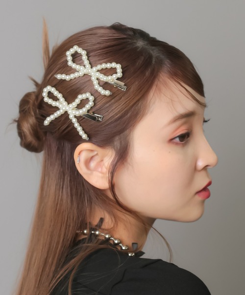 2個セット】リボンビーズヘアクリップ（バレッタ/ヘアクリップ