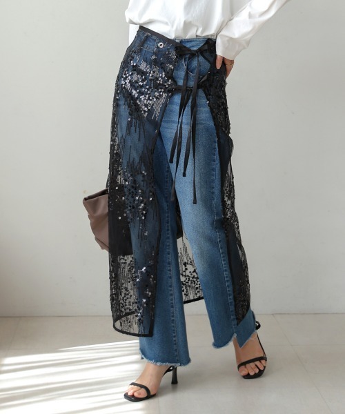 Bou Jeloud（ブージュルード）の「スパンコールレース巻きスカート（スカート・レディース・アイボリー/ブラック・FREE）」の2枚目の写真