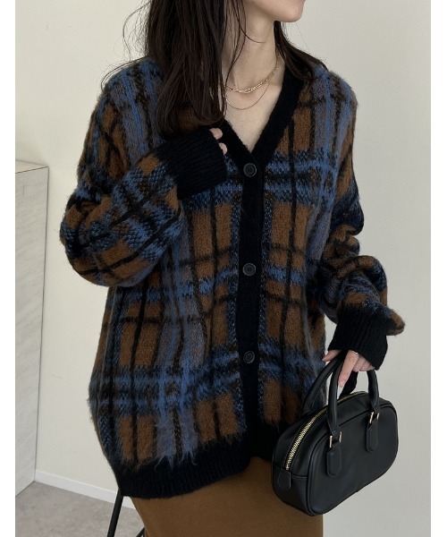 セール】選べるレオパードorチェック柄起毛ニットカーディガン