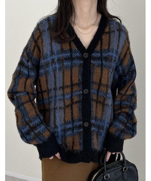 セール】選べるレオパードorチェック柄起毛ニットカーディガン