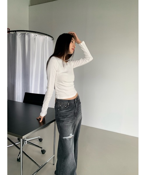 Didot.showroom(ディドット ショールーム)の「アンバランス配色ロンT(Tシャツ/カットソー・レディース・ストライプ/ネイビー/ホワイト/グレー/ブラック・FREE)」の6枚目の写真