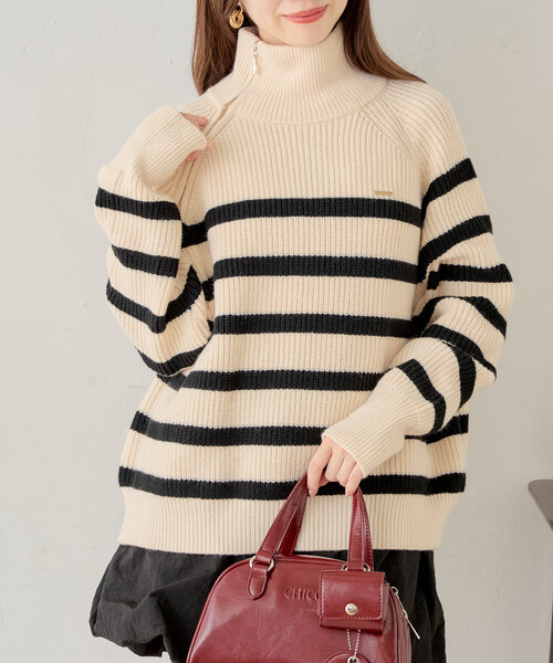 セール】アシメハーフジップルーズニット（ニット/セーター