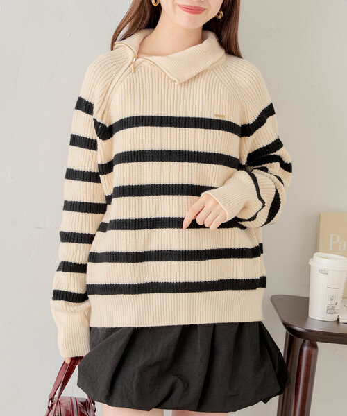 セール】アシメハーフジップルーズニット（ニット/セーター