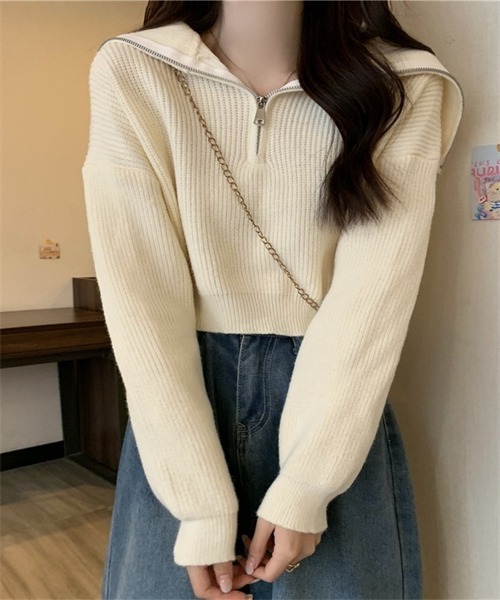 FREE STYLISTS(フリー スタイリスト)の「ハーフジップセーラーカラーニットプルオーバー(ニット/セーター・レディース・ホワイト/ピンク/グレー/ブルー/ブラック・FREE)」の2枚目の写真