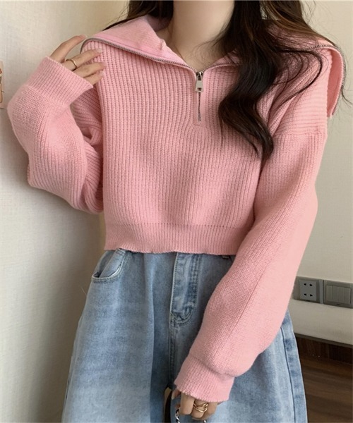 FREE STYLISTS(フリー スタイリスト)の「ハーフジップセーラーカラーニットプルオーバー(ニット/セーター・レディース・ホワイト/ピンク/グレー/ブルー/ブラック・FREE)」の1枚目の写真