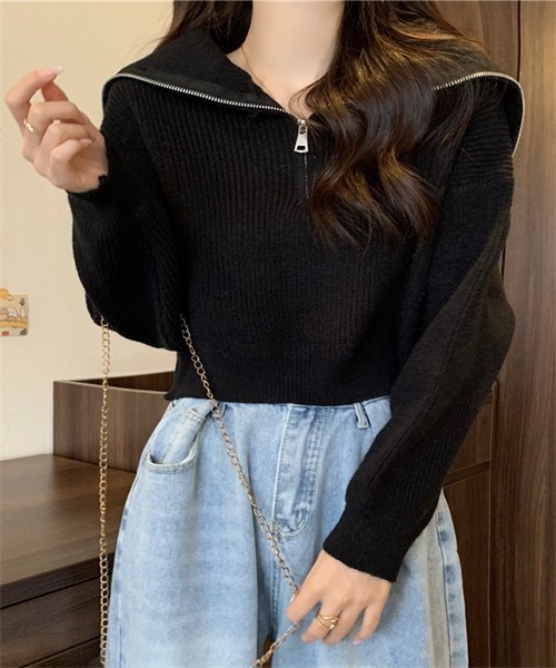 FREE STYLISTS(フリー スタイリスト)の「ハーフジップセーラーカラーニットプルオーバー(ニット/セーター・レディース・ホワイト/ピンク/グレー/ブルー/ブラック・FREE)」の3枚目の写真