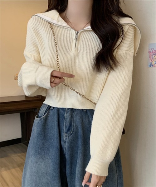 FREE STYLISTS(フリー スタイリスト)の「ハーフジップセーラーカラーニットプルオーバー(ニット/セーター・レディース・ホワイト/ピンク/グレー/ブルー/ブラック・FREE)」の11枚目の写真