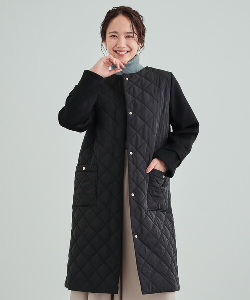 【セール】【吸湿発熱】すっきり上品に女性らしく お袖フェイクウール キルトコート（ノーカラーコート）｜DRESKIP（ドレスキップ）