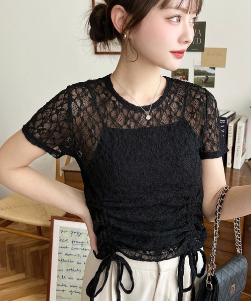 セール】ドロスト半袖ストレッチレーストップス（Tシャツ