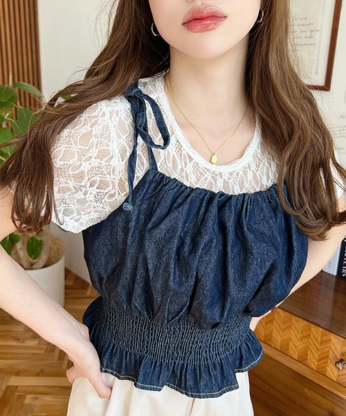セール】ドロスト半袖ストレッチレーストップス（Tシャツ