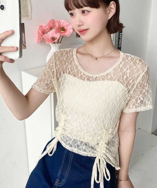 tシャツ ストレッチレースドロストトップス レディース FREE'S MART tシャツ ストレッチレースドロストトップス