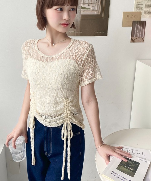 ストレッチレースドロストトップス moment+ tシャツ ドロスト半袖ストレッチレーストップス