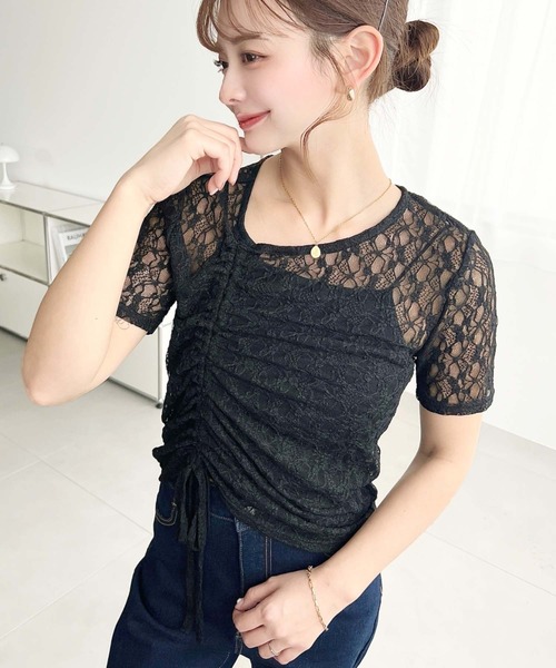 moment+（モーメントプラス）の「アシンメトリードロスト半袖ストレッチレーストップス（Tシャツ/カットソー・レディース・ブラック/ナチュラル/オフホワイト・M/L）」の12枚目の写真