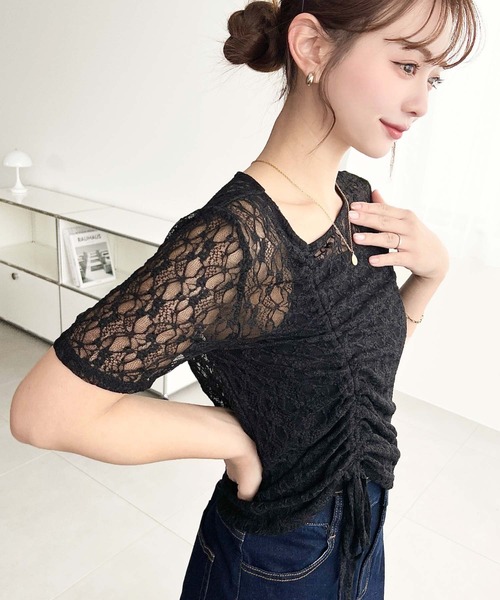 moment+（モーメントプラス）の「アシンメトリードロスト半袖ストレッチレーストップス（Tシャツ/カットソー・レディース・ブラック/ナチュラル/オフホワイト・M/L）」の14枚目の写真
