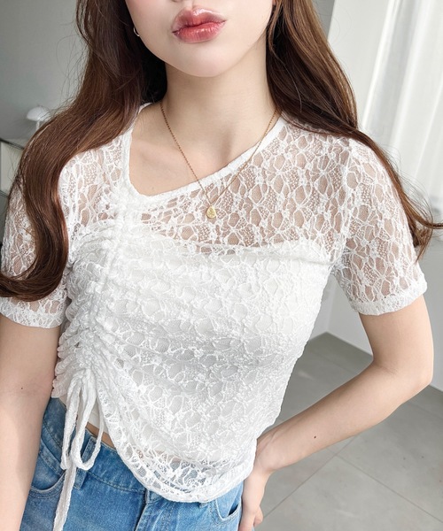 moment+（モーメントプラス）の「アシンメトリードロスト半袖ストレッチレーストップス（Tシャツ/カットソー・レディース・ブラック/ナチュラル/オフホワイト・M/L）」の20枚目の写真