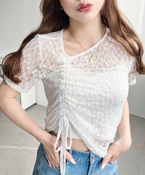 moment+（モーメントプラス）の「アシンメトリードロスト半袖ストレッチレーストップス（Tシャツ/カットソー・レディース・ブラック/ナチュラル/オフホワイト・M/L）」の21枚目の写真