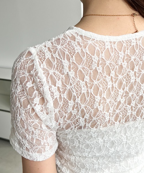 moment+（モーメントプラス）の「アシンメトリードロスト半袖ストレッチレーストップス（Tシャツ/カットソー・レディース・ブラック/ナチュラル/オフホワイト・M/L）」の10枚目の写真
