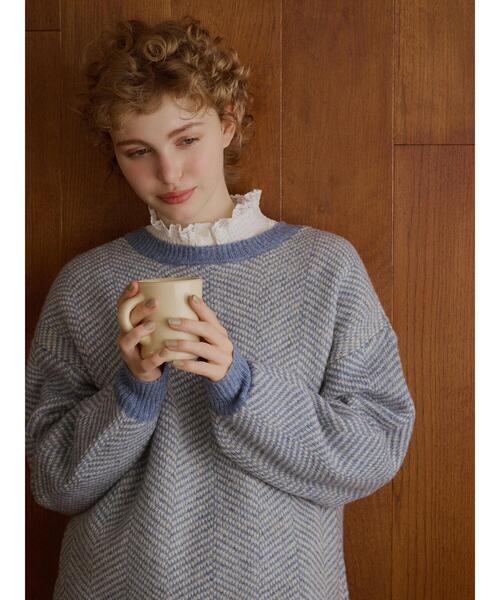 Samansa Mos2（サマンサ モスモス）の「[SOFT FEEL KNIT]前後着ヘリンボーン柄カーディガン（カーディガン/ボレロ・レディース・ベージュ/ブラック/グリーン/ブルー・F）」の5枚目の写真