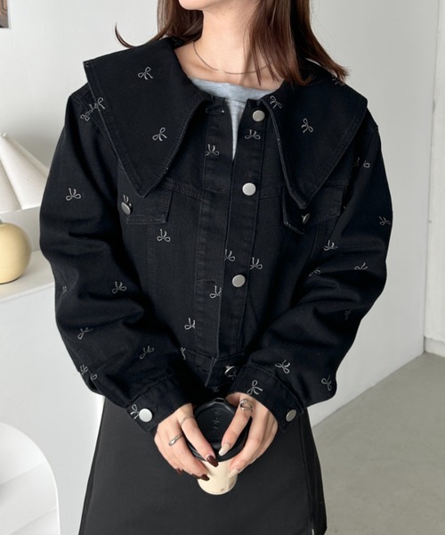 セール】セーラーカラーリボン柄デニムジャケット（デニム