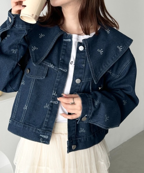 セール】セーラーカラーリボン柄デニムジャケット（デニム