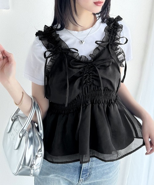 mily bilet(ミウィビレット)の「【mily bilet】愛され大人フェミニン。リボン使いフリルオーガンジービスチェキャミソール(キャミソール・レディース・アイボリー/ブラック/ピンク/グレイッシュベージュ・X-LARGE/SMALL/MEDIUM/LARGE)」の3枚目の写真
