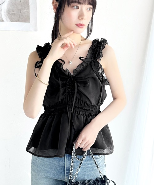 mily bilet(ミウィビレット)の「【mily bilet】愛され大人フェミニン。リボン使いフリルオーガンジービスチェキャミソール(キャミソール・レディース・アイボリー/ブラック/ピンク/グレイッシュベージュ・X-LARGE/SMALL/MEDIUM/LARGE)」の13枚目の写真