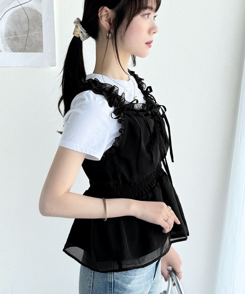 mily bilet(ミウィビレット)の「【mily bilet】愛され大人フェミニン。リボン使いフリルオーガンジービスチェキャミソール(キャミソール・レディース・アイボリー/ブラック/ピンク/グレイッシュベージュ・X-LARGE/SMALL/MEDIUM/LARGE)」の18枚目の写真