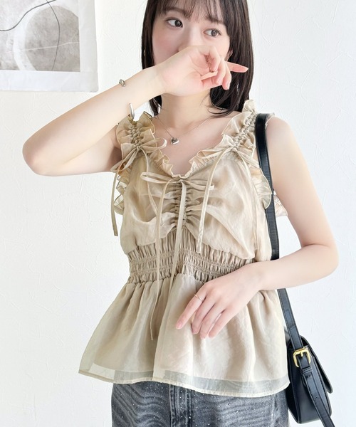 mily bilet(ミウィビレット)の「【mily bilet】愛され大人フェミニン。リボン使いフリルオーガンジービスチェキャミソール(キャミソール・レディース・アイボリー/ブラック/ピンク/グレイッシュベージュ・X-LARGE/SMALL/MEDIUM/LARGE)」の21枚目の写真