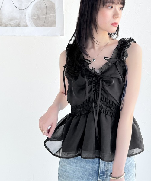 mily bilet(ミウィビレット)の「【mily bilet】愛され大人フェミニン。リボン使いフリルオーガンジービスチェキャミソール(キャミソール・レディース・アイボリー/ブラック/ピンク/グレイッシュベージュ・X-LARGE/SMALL/MEDIUM/LARGE)」の14枚目の写真