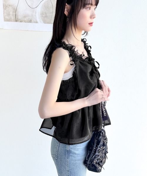 mily bilet(ミウィビレット)の「【mily bilet】愛され大人フェミニン。リボン使いフリルオーガンジービスチェキャミソール(キャミソール・レディース・アイボリー/ブラック/ピンク/グレイッシュベージュ・X-LARGE/SMALL/MEDIUM/LARGE)」の16枚目の写真