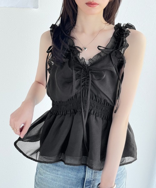 mily bilet(ミウィビレット)の「【mily bilet】愛され大人フェミニン。リボン使いフリルオーガンジービスチェキャミソール(キャミソール・レディース・アイボリー/ブラック/ピンク/グレイッシュベージュ・X-LARGE/SMALL/MEDIUM/LARGE)」の12枚目の写真