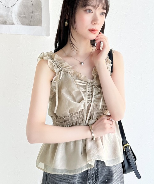 mily bilet(ミウィビレット)の「【mily bilet】愛され大人フェミニン。リボン使いフリルオーガンジービスチェキャミソール(キャミソール・レディース・アイボリー/ブラック/ピンク/グレイッシュベージュ・X-LARGE/SMALL/MEDIUM/LARGE)」の20枚目の写真