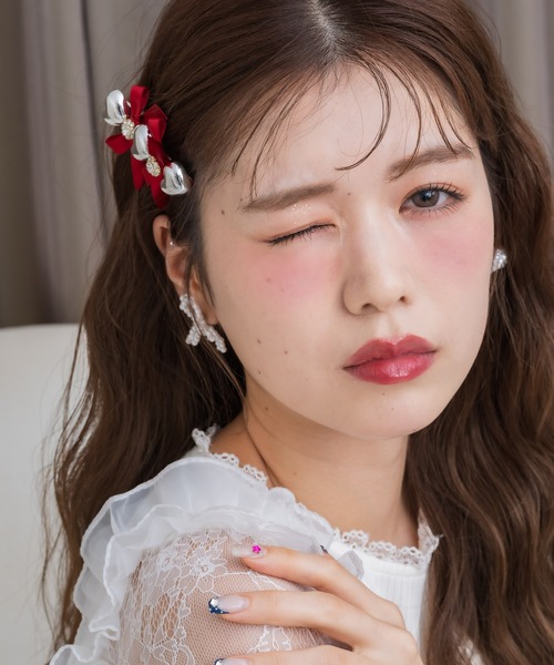 シルバーハートレースアップ風クリップ（バレッタ/ヘアクリップ