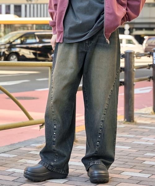 セール】カーブスタッズヴィンテージ加工ワイドデニムパンツ