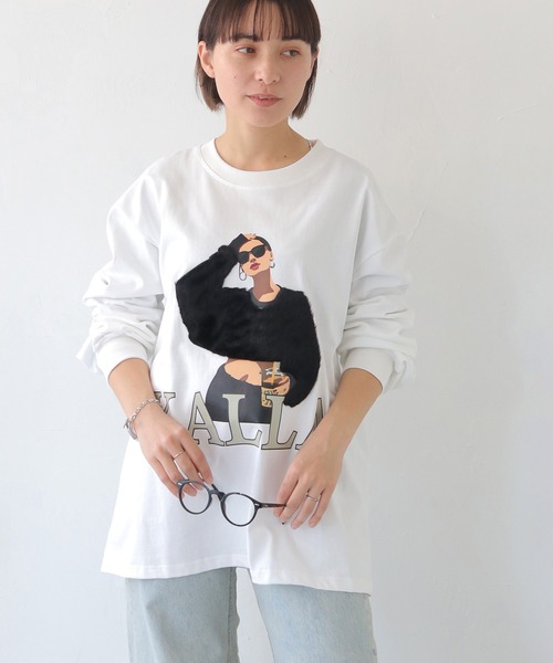 HER CLOSET（ハークローゼット）の「【shemoshelly】YALLAグラフィックオーバーサイズロンT（Tシャツ/カットソー・レディース・ホワイト/ブラック・FREE）」の3枚目の写真
