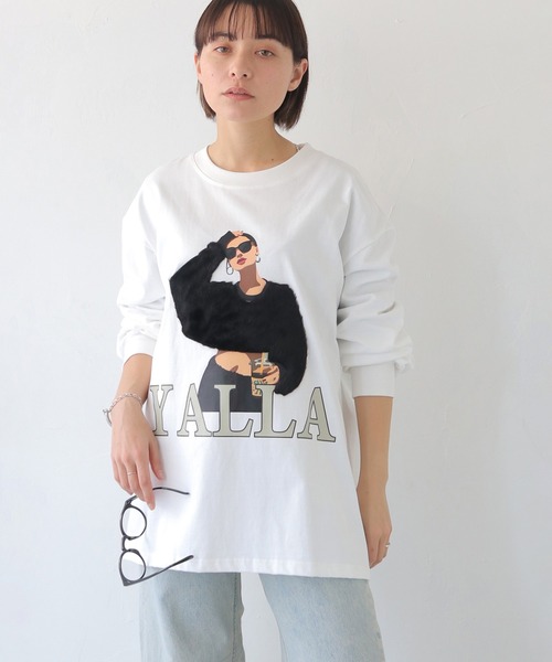 HER CLOSET（ハークローゼット）の「【shemoshelly】YALLAグラフィックオーバーサイズロンT（Tシャツ/カットソー・レディース・ホワイト/ブラック・FREE）」の4枚目の写真