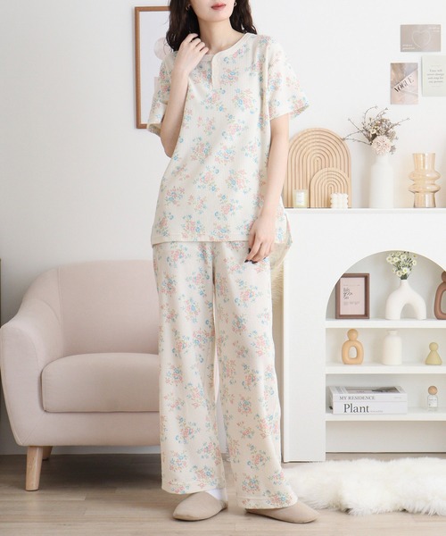 セール】JEMORGAN ワッフル花柄 半袖ヘンリー＆ロングパンツ3点セット