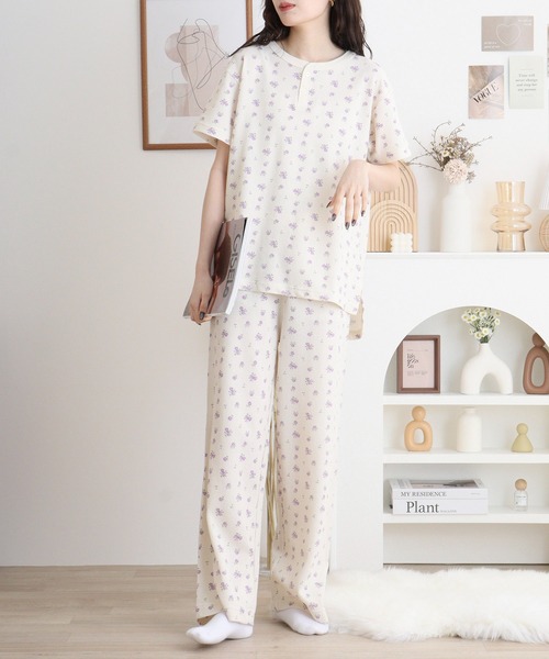 JEMORGAN ワッフル花柄 半袖ヘンリー＆ロングパンツ3点セット（ルーム
