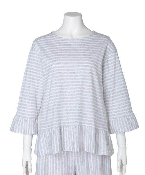 KID BLUE（キッドブルー）の「キッドブルー -２５コンビボーダー天竺 -8分袖トップス -KRBN536 -kidblue（Tシャツ/カットソー・レディース・ライトグレー/ピンク・M）」の2枚目の写真
