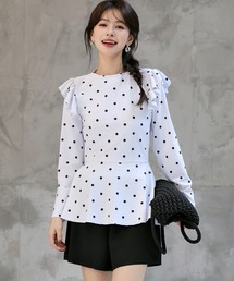 TeddyShop | 【UVカット率100%/UPF50+/接触冷感】レディース水着 長袖ショルダーフリルペプラムフリルトップス+ショートパンツビキニ 上下2点セット(水着)