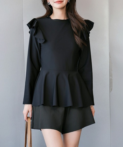 TeddyShop(テディショップ)の「【UVカット率100%/UPF50+/接触冷感】レディース水着 長袖ショルダーフリルペプラムフリルトップス+ショートパンツビキニ 上下2点セット(水着・レディース・ホワイト系その他/ダークブラウン/ブラック・S/M/L)」の15枚目の写真