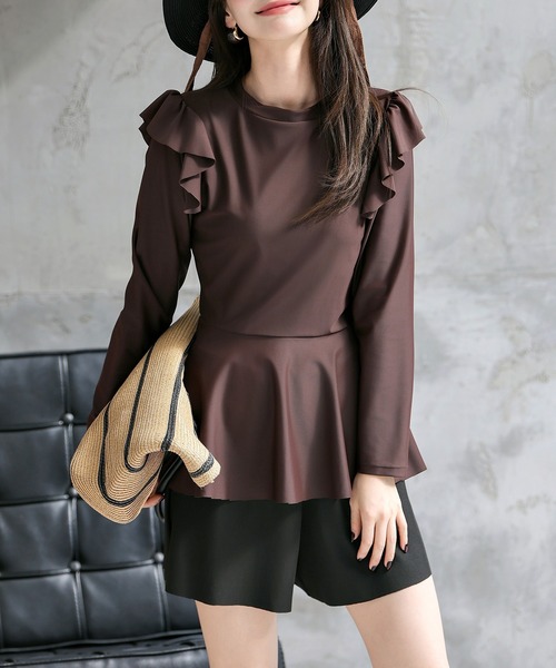TeddyShop(テディショップ)の「【UVカット率100%/UPF50+/接触冷感】レディース水着 長袖ショルダーフリルペプラムフリルトップス+ショートパンツビキニ 上下2点セット(水着・レディース・ホワイト系その他/ダークブラウン/ブラック・S/M/L)」の20枚目の写真