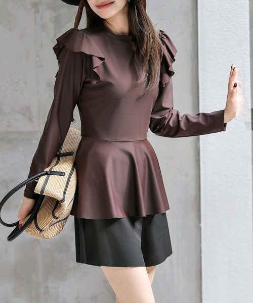TeddyShop(テディショップ)の「【UVカット率100%/UPF50+/接触冷感】レディース水着 長袖ショルダーフリルペプラムフリルトップス+ショートパンツビキニ 上下2点セット(水着・レディース・ホワイト系その他/ダークブラウン/ブラック・S/M/L)」の21枚目の写真