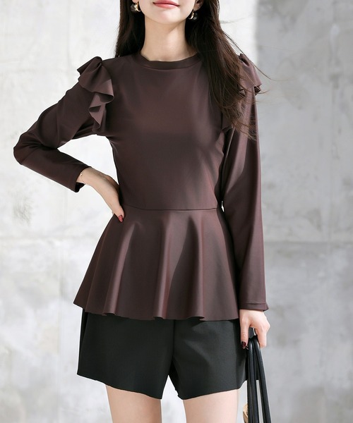 TeddyShop(テディショップ)の「【UVカット率100%/UPF50+/接触冷感】レディース水着 長袖ショルダーフリルペプラムフリルトップス+ショートパンツビキニ 上下2点セット(水着・レディース・ホワイト系その他/ダークブラウン/ブラック・S/M/L)」の22枚目の写真